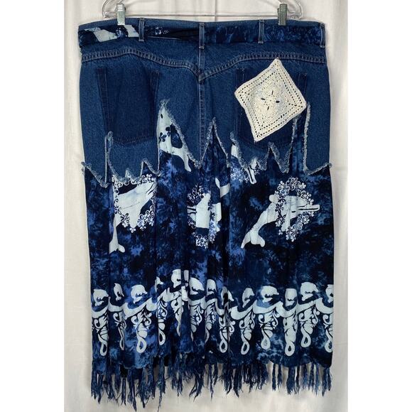 Upcycled Recycled Boho Denim Skirt With Tie Belt Size 26 - Picture 2 of 15